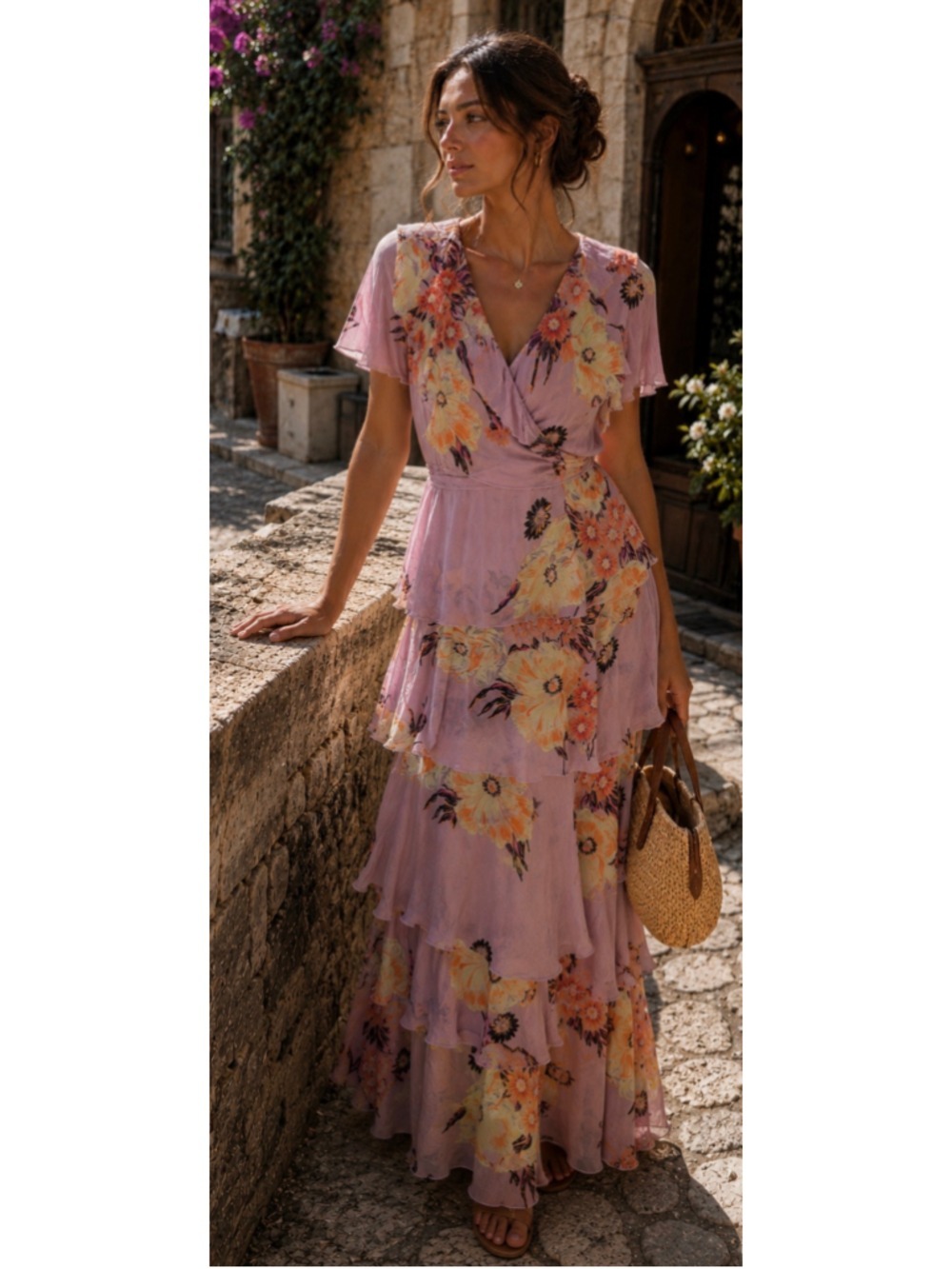 Etro Lavender Orange Floral Sequin Tiered Maxi Dress Size 2/38 Boho Romantic